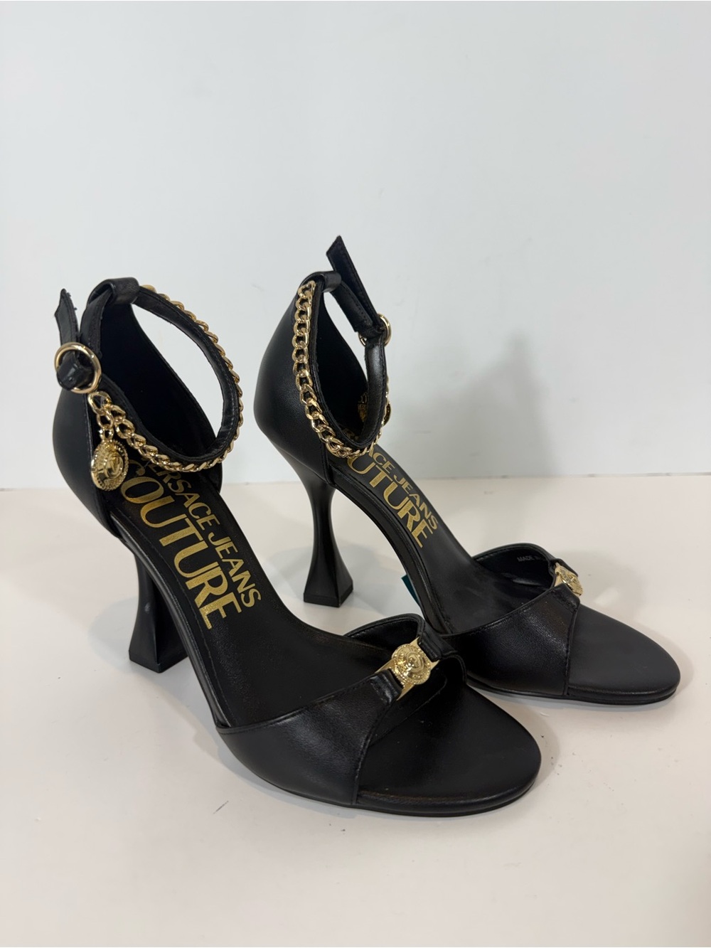 Versace Jeans Couture Black Leather Chain Medallion Heeled Sandals EU 35 US 5